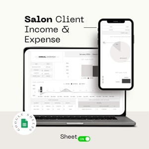 Plantilla de gestión para salones de belleza: seguimiento de clientes, control de ingresos y gastos, paneles financieros en una hoja de cálculo de Google Sheets.