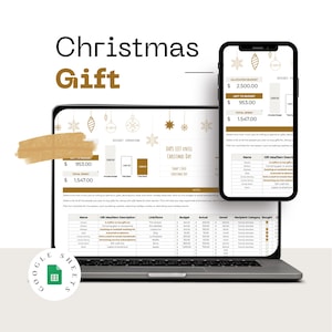 Peut inclure: Un ordinateur portable et un smartphone affichant une feuille de calcul de budget de cadeaux de Noël. L'écran de l'ordinateur portable montre un aperçu détaillé avec des chiffres de dépenses et des idées de cadeaux. Le smartphone reflète les données.