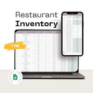 May include: A laptop and smartphone displaying a restaurant inventory spreadsheet. The laptop screen shows a detailed table with columns for fridge, unit, amount, and stock. The smartphone shows a list of dates and statuses. The Google Sheets logo is in the corner.