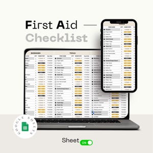 Puede incluir: Un portátil y un smartphone muestran una lista de verificación de primeros auxilios en formato de hoja de cálculo. La pantalla del portátil muestra una lista detallada de vendas y herramientas con cantidad y fechas de caducidad. El smartphone refleja la información. El texto "First Aid Checklist" está arriba.