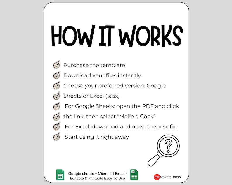 Pode incluir: Um gr&aacute;fico informativo branco intitulado HOW IT WORKS com uma lista de passos: Purchase the template, Download your files instantly, Choose your preferred version: Google Sheets or Excel (.xlsx), For Google Sheets: open the PDF and click the link, then select &ldquo;Make a Copy&rdquo;, For Excel: download and open the .xlsx file, Start using it right away. Inclui um &iacute;cone de lupa e o log&oacute;tipo Tracker Pro.