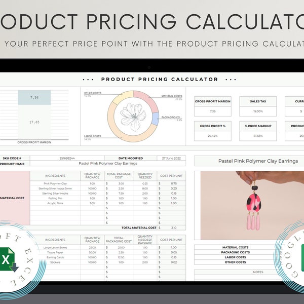 Pricing Calculator for Small Business Google Sheets Excel Business Tracker Handmade Products Pricing Template Profit Margin Pricing Guide