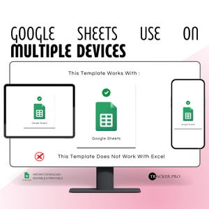 以下が含まれることがあります： 複数のデバイスで使用できるGoogleスプレッドシートのテンプレートを表示するコンピューター画面。画面には、Googleスプレッドシートのアイコンの横に緑色のチェックマーク、Excelのアイコンの横に赤いバツ印が表示されています。「このテンプレートはGoogleスプレッドシートで動作します」「このテンプレートはExcelでは動作しません」というテキストが画面に表示されています。画面の上部には「Googleスプレッドシートを複数のデバイスで使用」というテキストが表示されています。