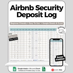 Op de afbeelding: Een digitaal sjabloon voor een Airbnb-borglogboek voor Google Sheets en Excel. Het display toont een spreadsheet-interface op een laptop- en smartphonescherm met tekstlabels zoals Beginner Friendly, Easy To Use en Bonus Freebies.