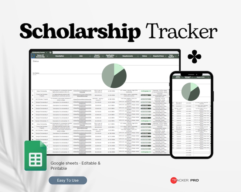 Puede incluir: Un rastreador de becas digital que se muestra en una tableta y un tel&eacute;fono inteligente. La tableta y el tel&eacute;fono muestran una hoja de c&aacute;lculo con datos y un gr&aacute;fico circular. Las palabras "Scholarship Tracker" est&aacute;n en la parte superior. La imagen tambi&eacute;n incluye el logotipo de Google Sheets y el texto "Easy To Use."