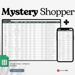 以下が含まれることがあります： タブレットとスマートフォンに「Mystery Shopper」とラベル付けされたスプレッドシートのデジタルモックアップ。「Mystery Shopper」の文字が上部にあります。画像には「Google sheets - Editable & Printable」と「Easy To Use」の文字が含まれています。Tracker Proのロゴが一番下にあります。