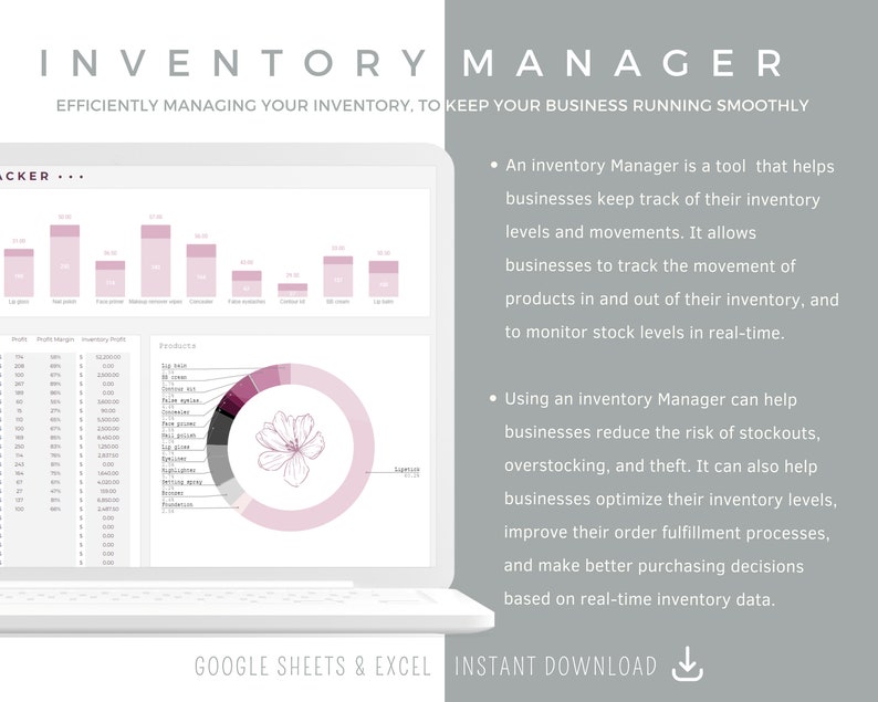 May include: A laptop screen displaying a spreadsheet with a pink and gray pie chart and bar graphs. The text "INVENTORY MANAGER" is at the top of the image. The text "GOOGLE SHEETS & EXCEL INSTANT DOWNLOAD" is at the bottom of the image.