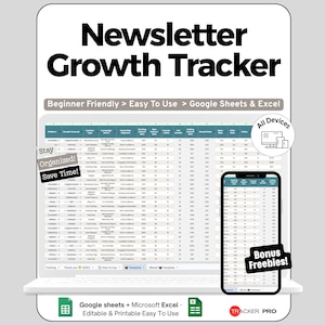 Könnte beinhalten: Eine digitale Newsletter Growth Tracker Tabellenvorlage für Google Sheets und Excel. Die Anzeige zeigt eine Datentabelle mit Spalten für Plattform, Inhaltstyp und Wachstumskennzahlen. Enthält Textbeschriftungen wie Beginner Friendly, Stay Organized und Bonus Freebies.