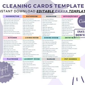 May include: A printable cleaning checklist template with a colorful design. The checklist includes a variety of rooms and areas to clean, such as the shower, bathroom, bedroom, office, kitchen, living room, dining room, entryway, playroom, laundry room, garage, and pet chores. The template is designed to be used with Canva.
