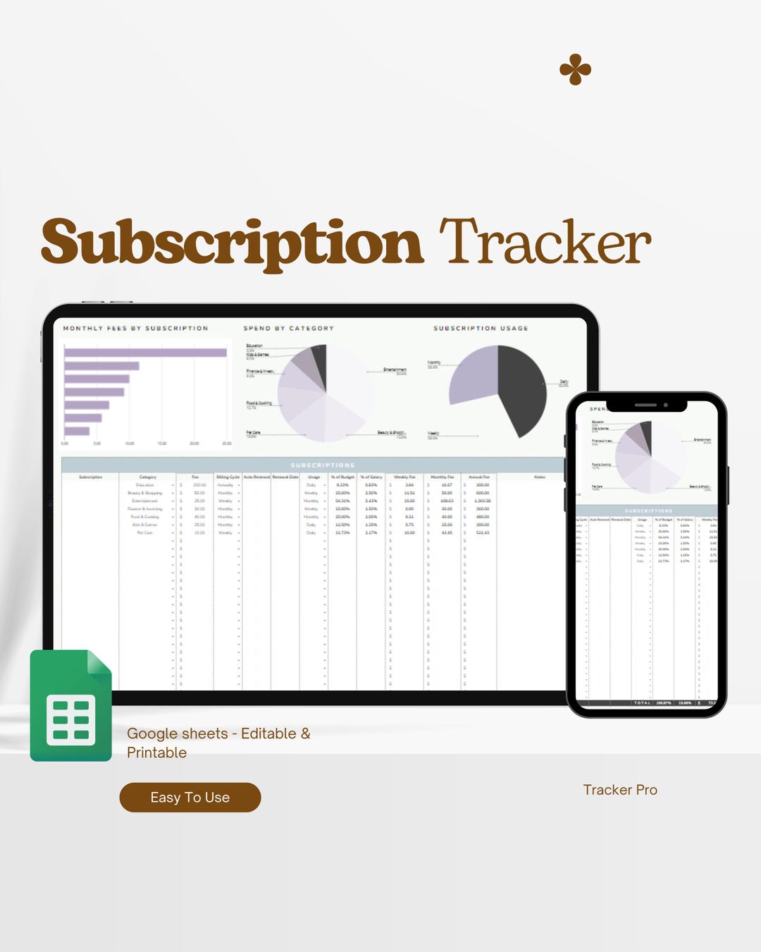 Subscription Tracker Google Sheets Template | Monthly Bills ...