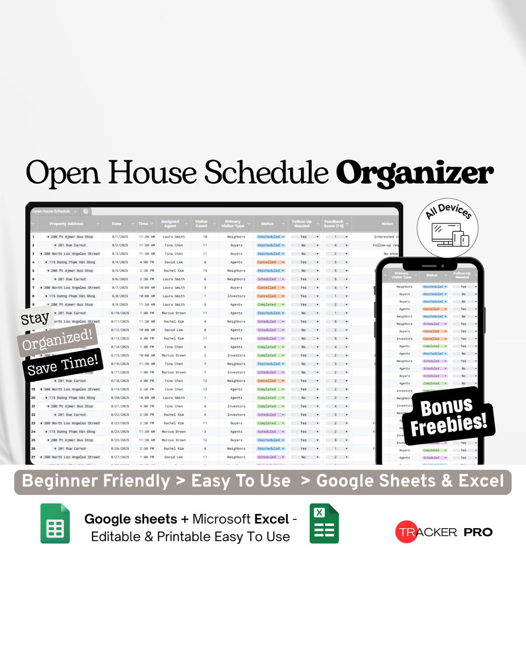 Open House Schedule Organizer Google Excel, Real Estate Showing Planner ...