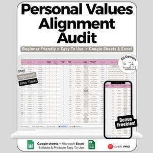 Peut inclure: Un modèle numérique d'audit d'alignement des valeurs personnelles pour Google Sheets et Excel. L'affichage montre une interface de feuille de calcul avec des en-têtes roses, des colonnes pour les valeurs et le suivi du statut. Inclut une vue mobile, des icônes d'appareils et des étiquettes comme Stay Organized, Save Time et Bonus Freebies.