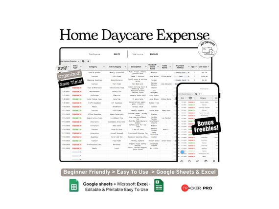 Home Daycare Expense & Income Tracker Google Sheets Spreadsheet for In-Home Childcare Providers Budget and Profit Tracking