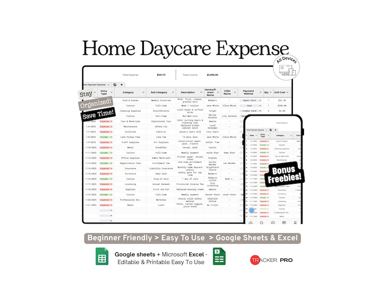 Home Daycare Expense & Income Tracker Google Sheets Spreadsheet for In-Home Childcare Providers Budget and Profit Tracking image 1