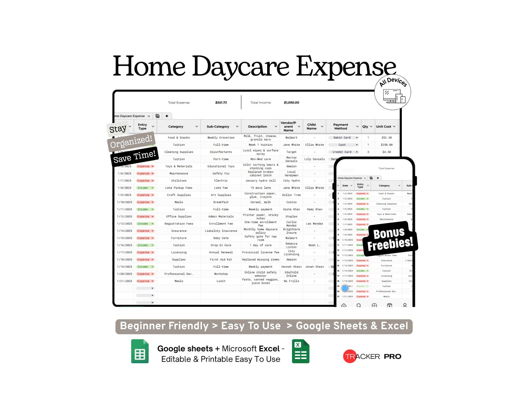 Home Daycare Expense & Income Tracker Google Sheets Spreadsheet for In ...