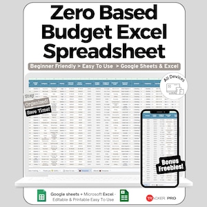 Peut inclure: Un modèle de feuille de calcul Excel pour budget base zéro affiché sur un écran d'ordinateur portable et de smartphone. L'interface présente des colonnes pour les catégories, montants et dates. Le texte inclut Beginner Friendly, Easy To Use, Google Sheets & Excel, Stay Organized, Save Time, All Devices, Bonus Freebies et Tracker Pro.
