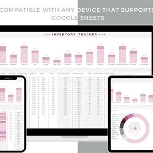 May include: A screenshot of a Google Sheet spreadsheet with a pink and white color scheme. The spreadsheet is titled "Inventory Tracker" and includes a bar chart, a pie chart, and a table of data. The spreadsheet is compatible with any device that supports Google Sheets.