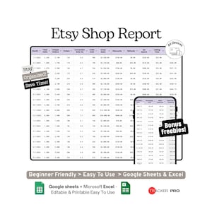 Plantilla de Hojas de cálculo de Google para el informe de rendimiento de la tienda de Etsy. KPI de la tienda, análisis de ventas y panel de crecimiento de vendedores de Etsy. Microsoft Excel.