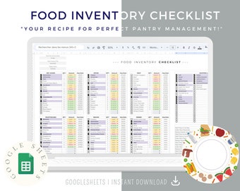Food Inventory Template, Food Tracker Spreadsheet List Refrigerator Supplies Log Checklist Kitchen Supplies, Spices Excel Spreadsheet Google