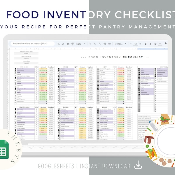 Food Inventory Template, Food Tracker Spreadsheet List Refrigerator Supplies Log Checklist Kitchen Supplies, Spices Excel Spreadsheet Google