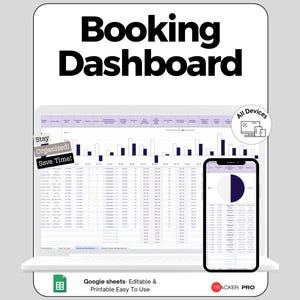 Könnte beinhalten: Digitales Buchungs-Dashboard, angezeigt auf einem Laptop und Smartphone. Der Laptop-Bildschirm zeigt eine Tabelle mit Daten und Diagrammen. Das Smartphone zeigt ein Kreisdiagramm. Text enthält "Booking Dashboard", "Stay Organized! Save Time!" und "Google sheets".