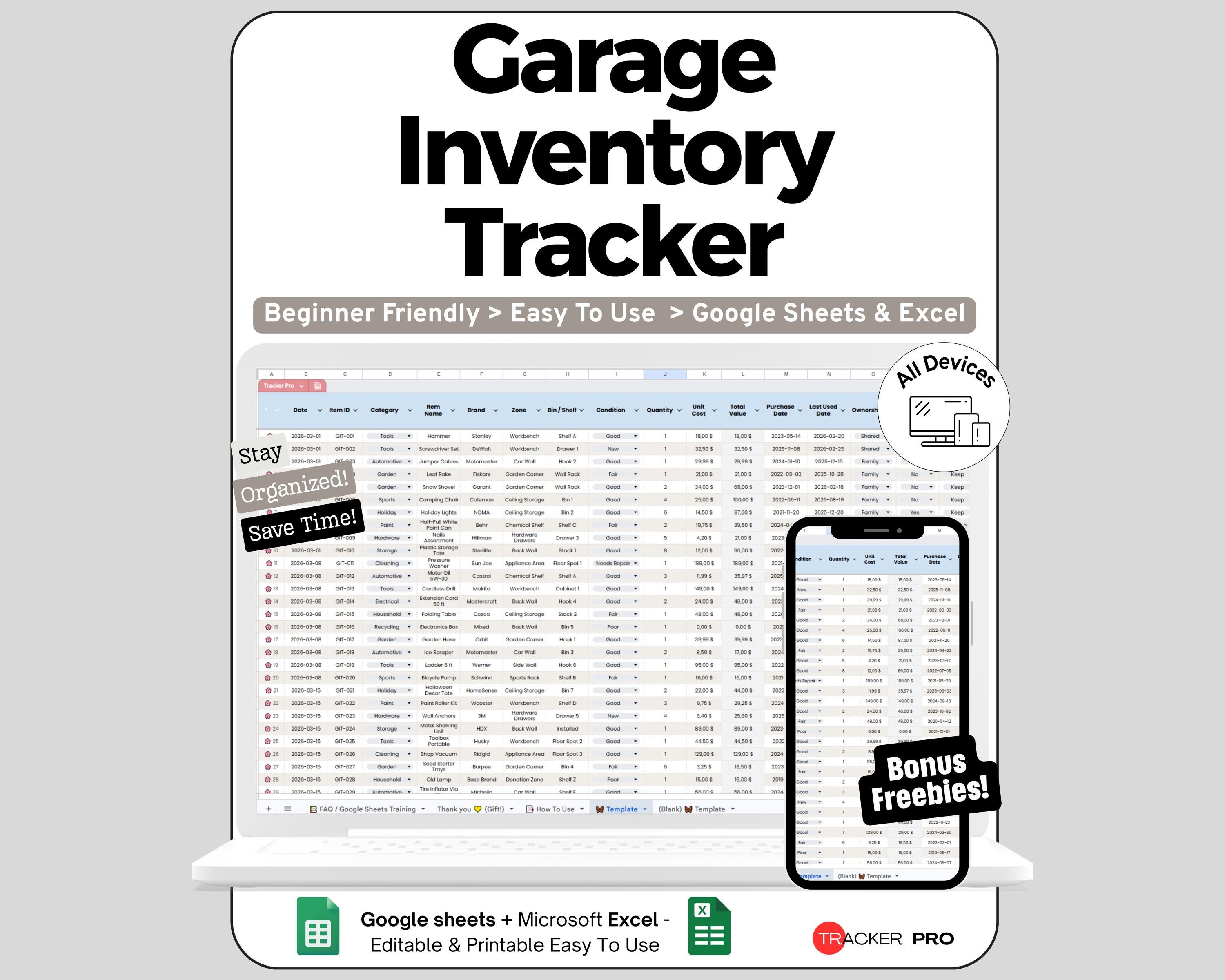 Garage Inventory Tracker Template Google Sheets, Storage Organization Excel Spreadsheet, Garage Storage Inventory Sheet, Garage Organizer