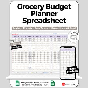 Może przedstawiać: Laptop i smartfon wyświetlają arkusz kalkulacyjny zatytułowany "Grocery Budget Planner Spreadsheet". Obraz zawiera tekst "Beginner Friendly > Easy To Use > Google Sheets & Excel" i "All Devices".