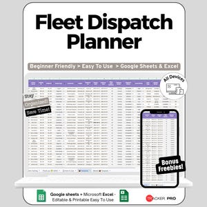 May include: A digital Fleet Dispatch Planner spreadsheet template for Google Sheets and Excel. The display shows a purple and white data table with columns for driver, vehicle, and load details. Includes text labels: Fleet Dispatch Planner, Beginner Friendly, Easy To Use, Stay Organized, Save Time, All Devices, Bonus Freebies, and Tracker Pro.