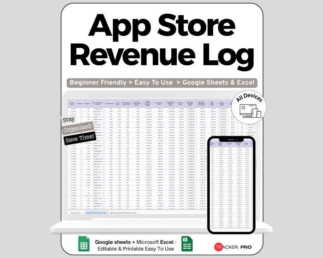 App Store and Google Play Revenue Excel Google Sheets, Track Mobile App ...