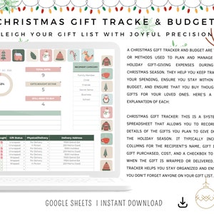 May include: A digital Christmas gift tracker and budget spreadsheet displayed on a laptop screen. The spreadsheet includes sections for tracking gifts, recipients, and budget. The text reads "Christmas Gift Tracker & Budget".