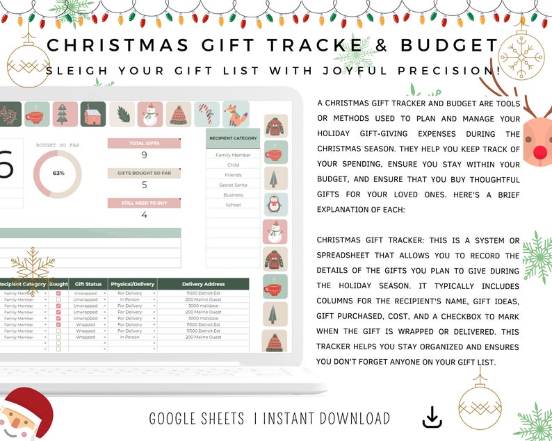 May include: A digital Christmas gift tracker and budget spreadsheet displayed on a laptop screen. The spreadsheet includes sections for tracking gifts, recipients, and budget. The text reads "Christmas Gift Tracker & Budget".