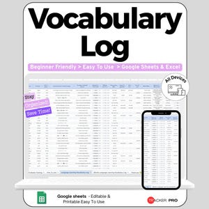 Language Learning Vocabulary Log Google Sheets, New Word & Flashcard Study Tracker, Language Study Planner Template Spreadsheet Excel Sheet