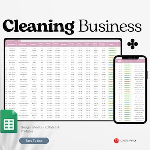 Puede incluir: Una maqueta digital de una hoja de cálculo de un negocio de limpieza que se muestra en una tableta y un teléfono inteligente. La tableta muestra una tabla detallada con datos de clientes, mientras que el teléfono muestra una versión condensada. El texto "Cleaning Business", "Google sheets - Editable & Printable" y "Easy To Use".