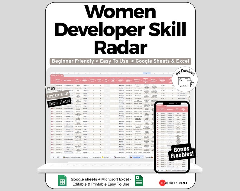Entwickler-Kompetenztabelle für Google Sheets und Excel: Kompetenzverfolgung, Fortschrittskontrolle und Dashboard für Frauen Bild 1