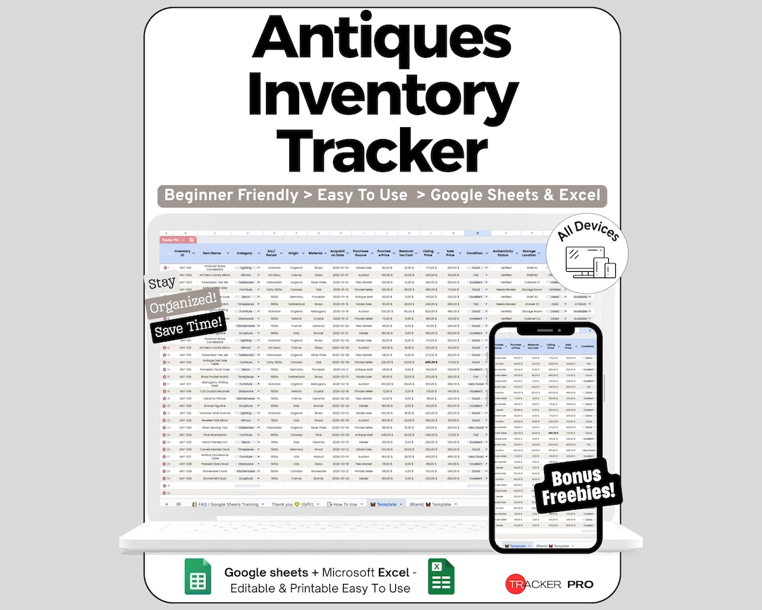 Antiques Inventory Tracker, Vintage Inventory Management, Booth Inventory Log Excel, Products ...