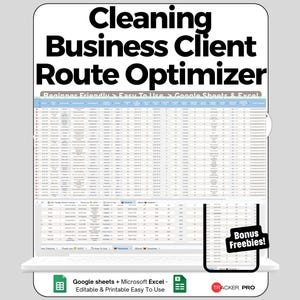 Peut inclure: Un modèle de feuille de calcul numérique intitulé Cleaning Business Client Route Optimizer pour Google Sheets et Excel. L'interface affiche des lignes de données clients, des colonnes de planification et un badge noir Bonus Freebies. Inclut des icônes pour Google Sheets et Excel.