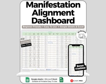Manifestation Dashboard Spreadsheet Google Sheets Template, Intention & Aligned Action Tracker with 30 60 90 Day Visualization, LOA Planner