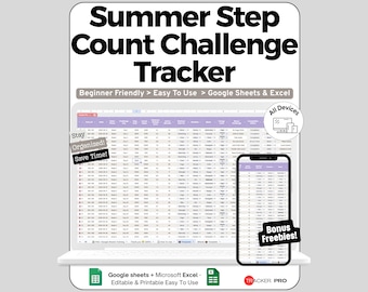May include: A digital Summer Step Count Challenge Tracker spreadsheet displayed on a laptop and smartphone screen. The interface features purple headers, columns for daily activity data, and text labels including Beginner Friendly, Easy To Use, Google Sheets & Excel, Stay Organized, Save Time, All Devices, and Bonus Freebies.