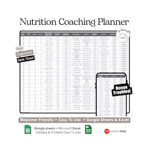 Planificador de nutrición y entrenamiento de comidas en Google Sheets, seguimiento de comidas, nutrición, objetivos dietéticos, entrenamiento de clientes, planificación de alimentos, fitness en Excel, salud
