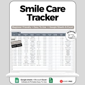 以下が含まれることがあります： ラップトップ画面に表示された「Smile Care Tracker」というタイトルのデジタルスプレッドシート。 スプレッドシートは、歯科診療の予約用の列で構成されています。 テキストには「Beginner Friendly > Easy To Use > Google Sheets & Excel」と「All Devices」が含まれています。
