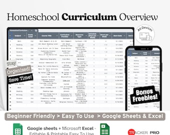 Resumen del currículo de educación en casa en Google Excel, Planificador de asignaturas de educación en casa, Plantilla de horario de clases semanal, Registro de enseñanza para padres en Hojas de cálculo de Google