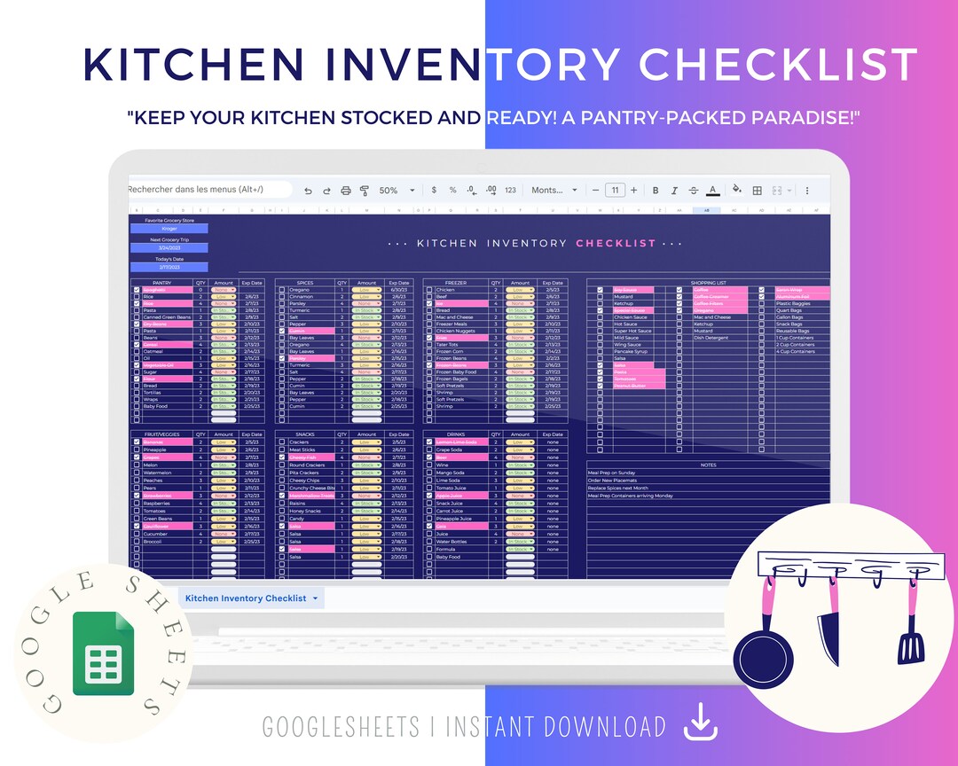 Pantry Inventory Spreadsheet List, Freezer Kitchen Supplies, Kitchen Organizer, Kitchen