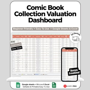 Puede incluir: Un panel digital de valoración de colecciones de cómics en una pantalla de portátil y smartphone. La interfaz muestra columnas para el título de la serie, número de edición, editorial y valor. Texto: "Beginner Friendly", "Stay Organized!", "Bonus Freebies!".