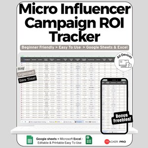 Hoja de cálculo para campañas de influencers en Google Sheets y Excel: Seguimiento del ROI, monitorización de la interacción y panel de ingresos.