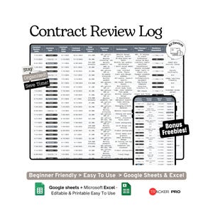 Plantilla de hoja de cálculo de registro de revisión de contratos (Hojas de cálculo de Google), organizador de seguimiento de acuerdos y condiciones para autónomos y pequeñas empresas (Plantilla de Excel)