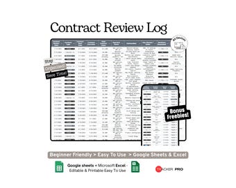Contract Review Log Spreadsheet Google Sheets Template, Freelancer and Small Business Agreement and Terms Tracker Organizer, Excel Template