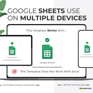 May include: A laptop computer with a Google Sheets spreadsheet open on the screen. The laptop is next to a tablet and a smartphone, both also displaying Google Sheets spreadsheets. The text on the screen reads "This Template Works With: Google Sheets" and "This Template Does Not Work With Excel".