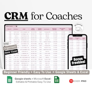 CRM für Coaches (Google Excel), Sitzungsprotokoll für Klienten, CRM-Vorlage für Life-Coaching, Fortschrittsverfolgungs-Tabelle für Coaches (Google Sheets)