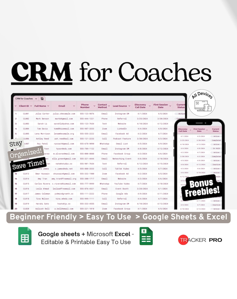 CRM for Coaches Google Excel, Client Session Log, Life Coaching CRM ...