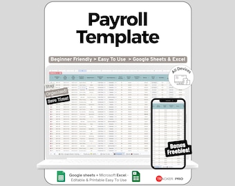Payroll Spreadsheet Google Sheets Template, Employee Pay Period Tracker with Hours Overtime Deductions & Net Pay, Monthly Payroll Summary